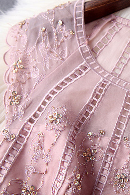 Little Cap Sleeve Lace-Inset With Beaded Embroidered Pleated Cocktail Dress