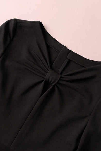 Hollow Out  V Neck Shirring  Waist Stretch  Midi Bodycon Dress