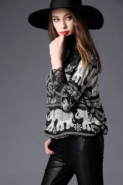 High Neck See Through Mesh Patch Elephant  Retro Print Pullover Top