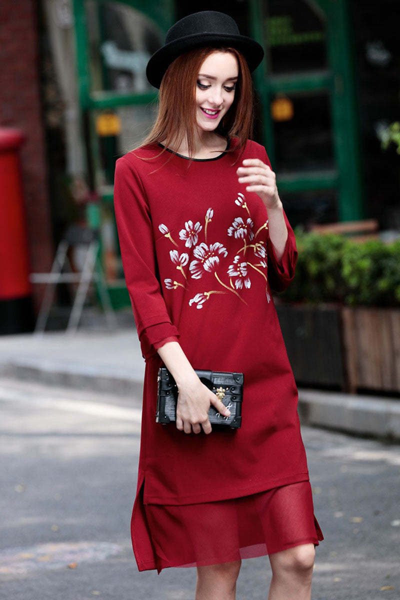 Round Collar Flowers Print Side Slit Mesh Patch Stretch Dress
