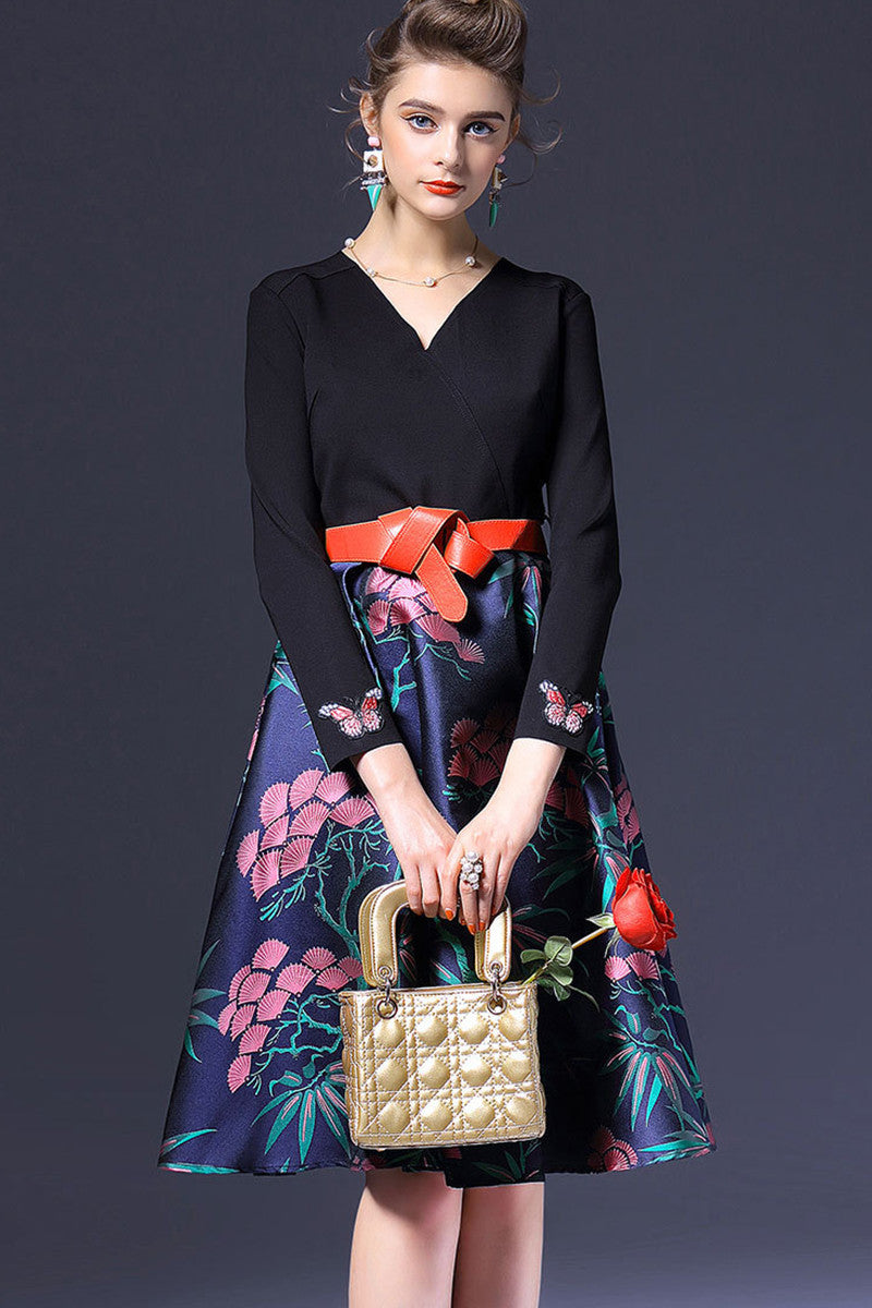 V-Neck Slim-and-Flared Dress With Butterfly Embroidered On Sleeve