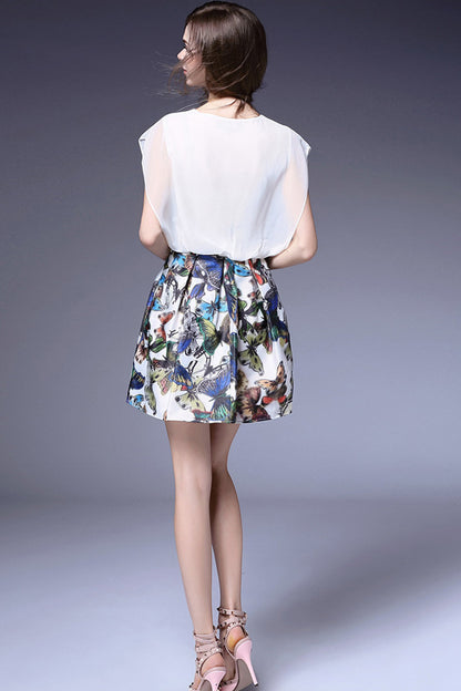 Bat-Wing Sleeve Sequin ButterflyTop With Short Pleated Casual Flare Dress