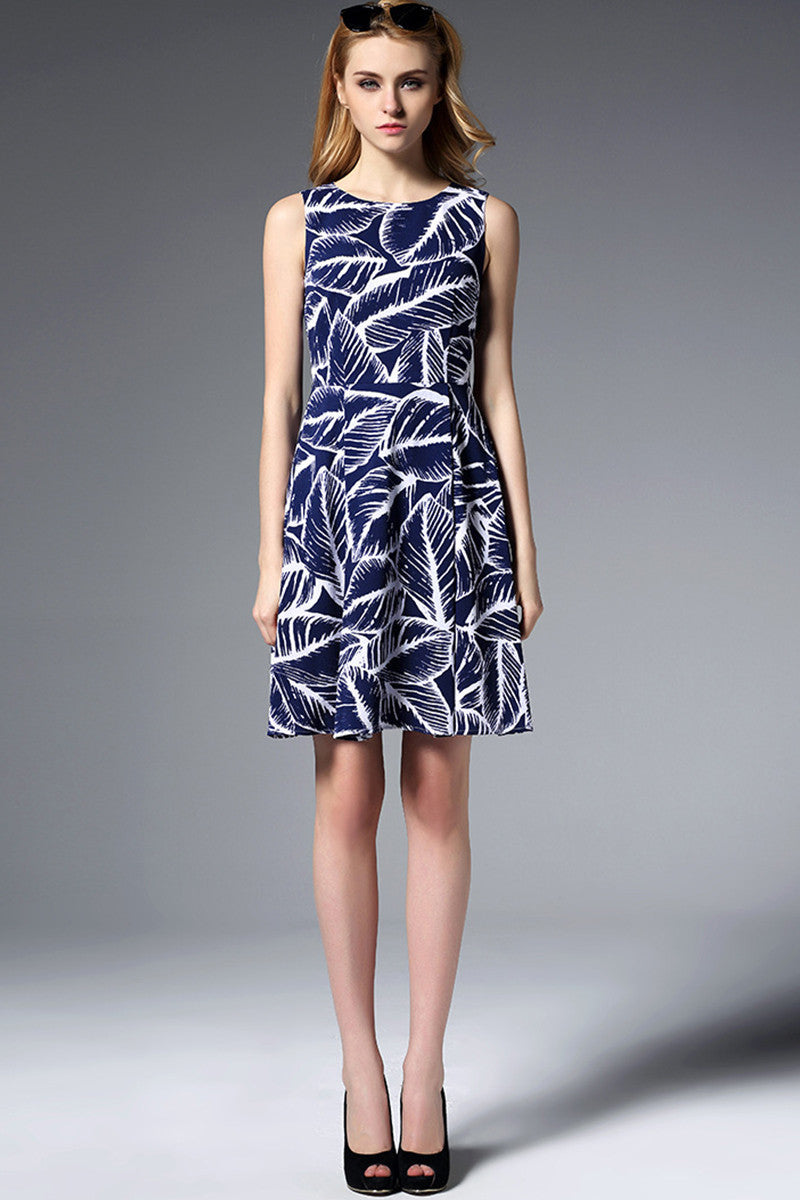 [30% OFF TILL 8 APR] Round Collar Leaves Pattern Pleated Full Dress