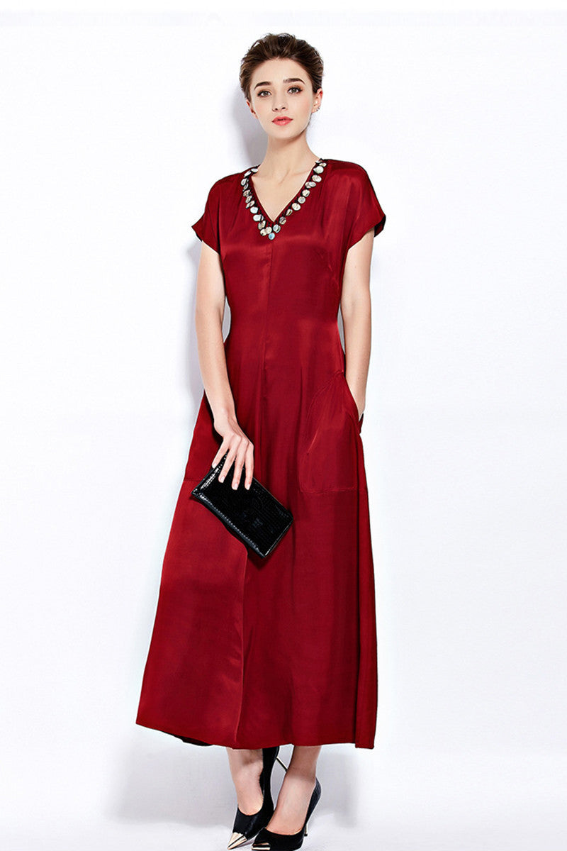 V Neck Formal Cap Sleeve V Neck with Beaded Long Dress