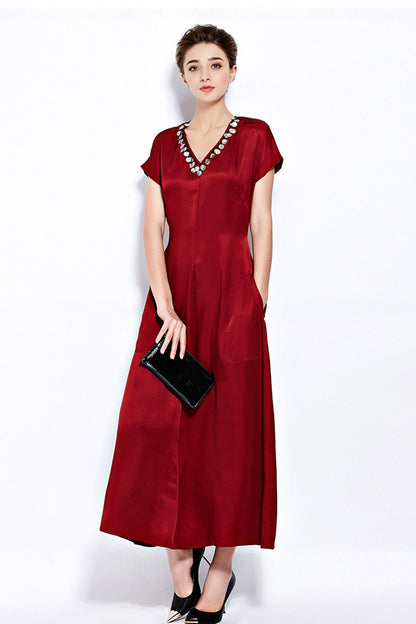V Neck Formal Cap Sleeve V Neck with Beaded Long Dress