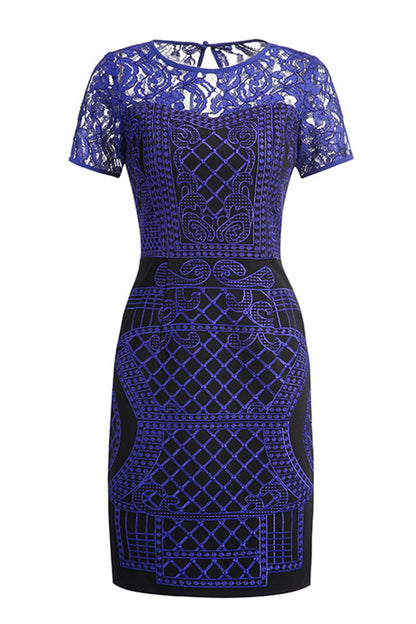 Round Collar Lace Illusion Patch Embroidery Slim Dress