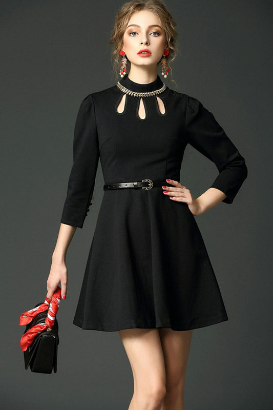 WOMEN'S STAND COLLAR 3/4 SLEEVE GRACE SHORT DRESS WITH BELT