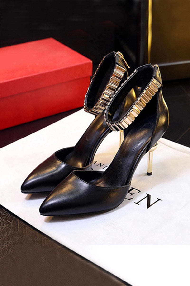 Pointed Toe Metallic Ankle Strap Pumps