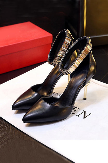 Pointed Toe Metallic Ankle Strap Pumps