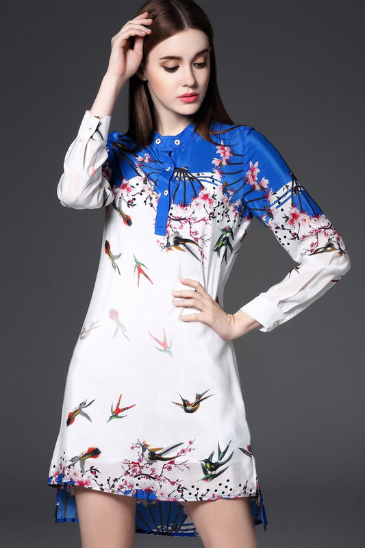Round Collar Swallow Print Side Slit Short Front Long Back Dress