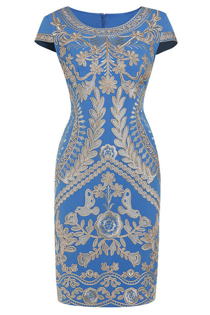 Round Collar Full   Embroidery Pattern Slim Elegant Dress