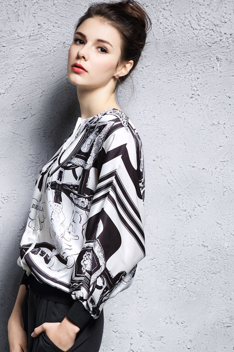 Round Collar Pattern Print Shirt - NJOYDRESS - 2