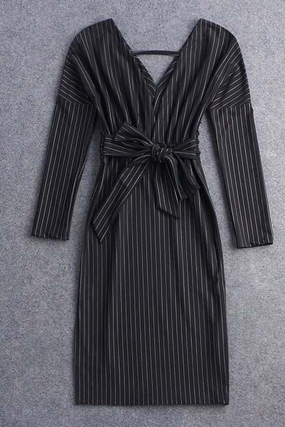 Deep V Neck Vertical Stripe Hollow-Out Back Lacing Waist Bodycon Dress