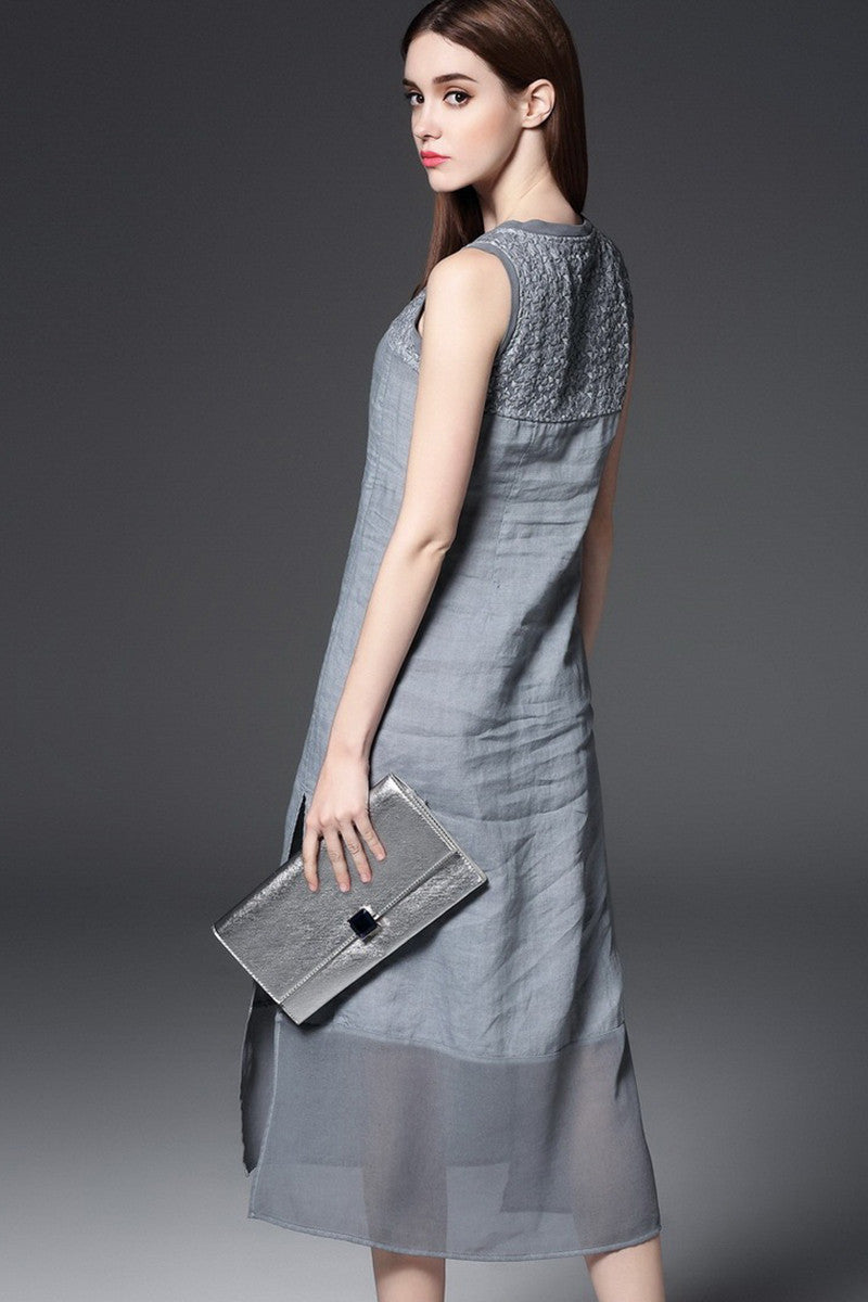 V Neck Vintage Patchwork Sleeveless Casual Dress
