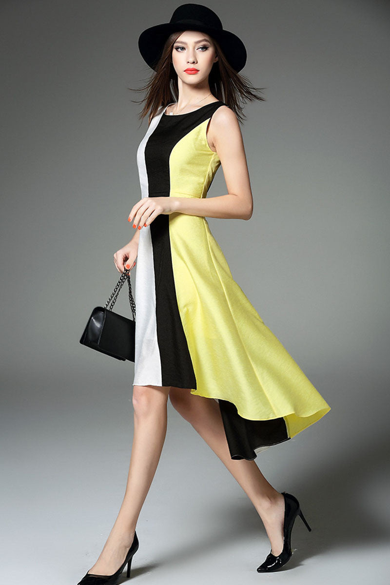 Round Collar Color Block Flare Swing Front Short Long Back Dress