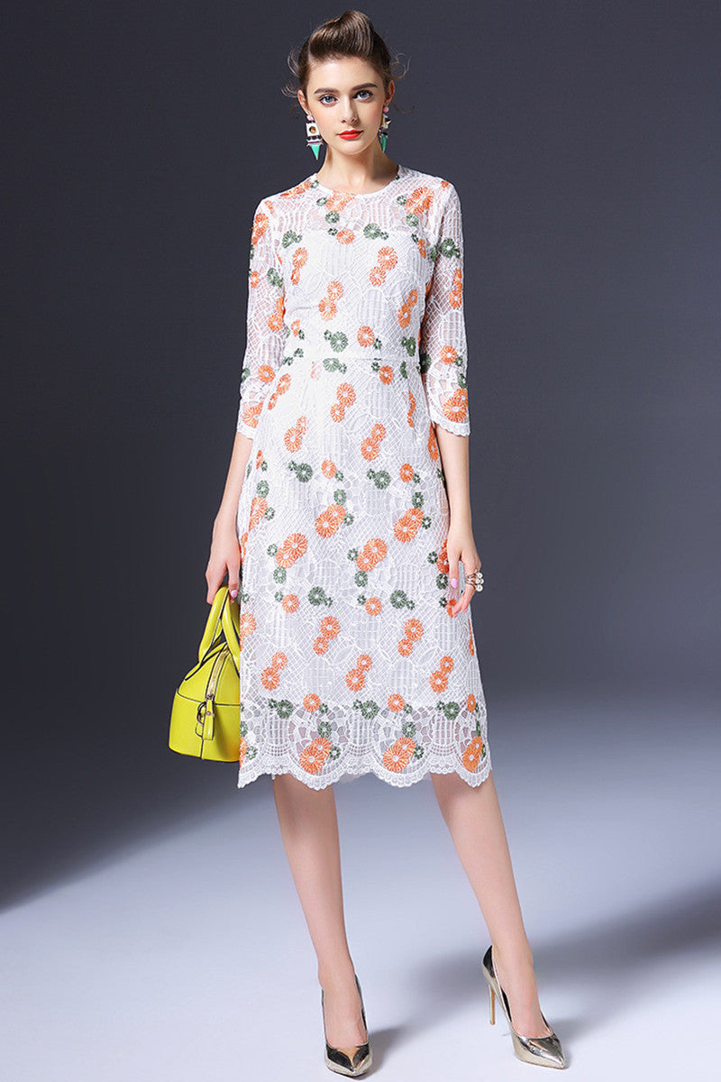WOMEN'S ELEGANT PRINT AND FLORAL 3/4 SLEEVE ROUND NECK VOCATION MIDI DRESS