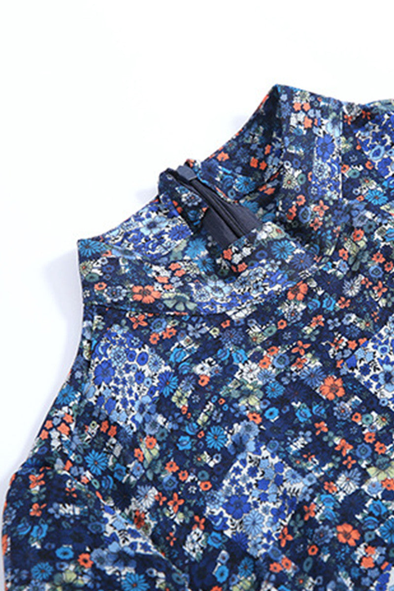 Loose Stand Collar Digital Printing Pleated Blouse