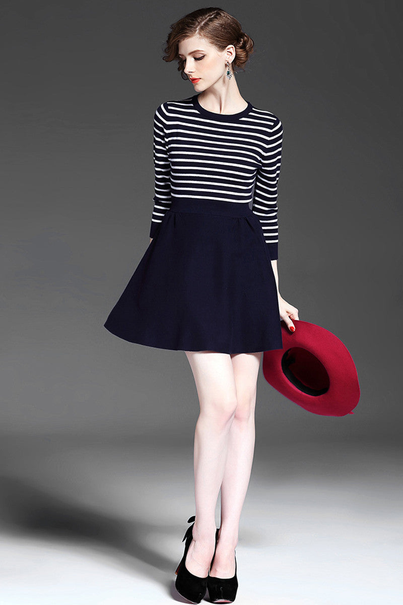 Faux Stripe Top With Solid Flared Skirt Dress