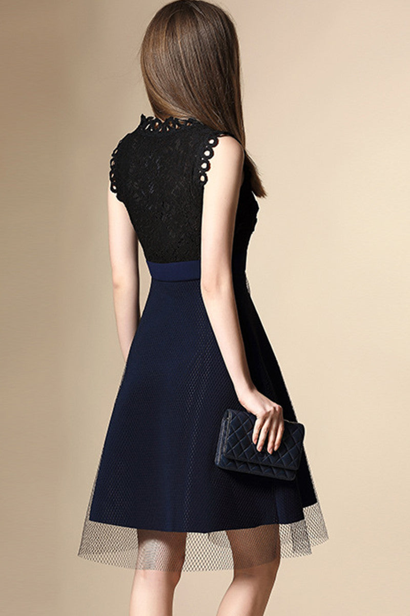 Faux Two Piece V-neck Lace Tops With Flared Mesh Skirt