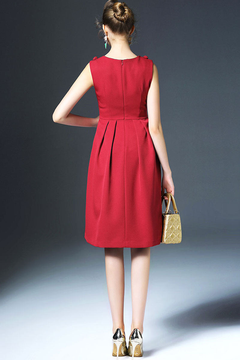 Round Collar Hemp Flowers Applique Pleated Dress