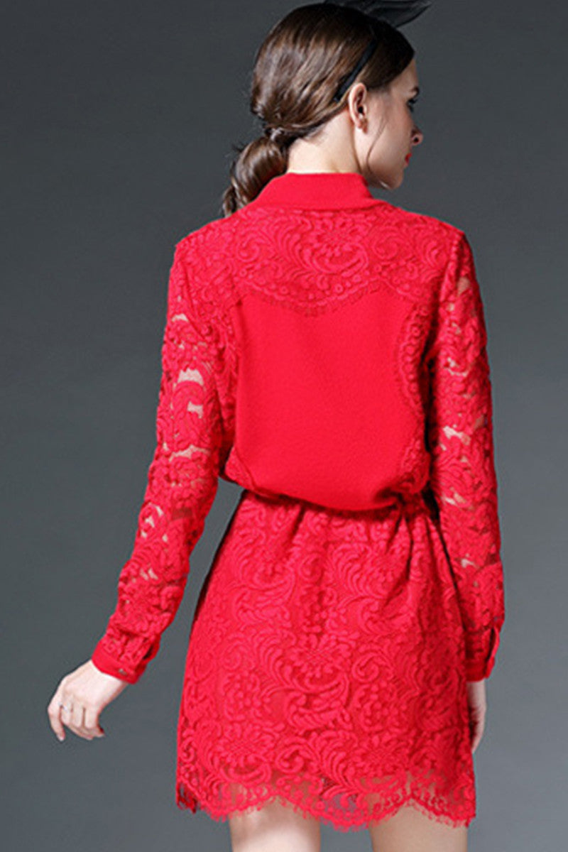 Little High Neck Button Lace Patch Waist Lacing Mini Dress - NJOYDRESS - 3