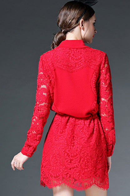 Little High Neck Button Lace Patch Waist Lacing Mini Dress - NJOYDRESS - 3