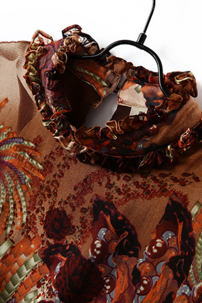 women's loose print and floral ruffle neck long sleeve dress