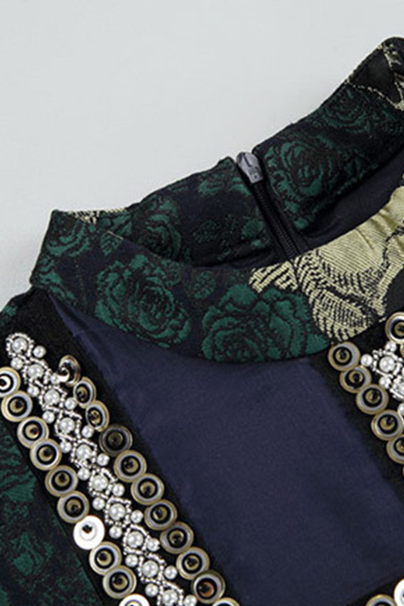 Stand Collar Sequin Skull Pattern Slant Pocket Slim Dress