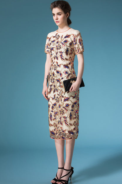 ELEGANT BEADED SHORT SLEEVE ROUND NECK MIDI DRESS