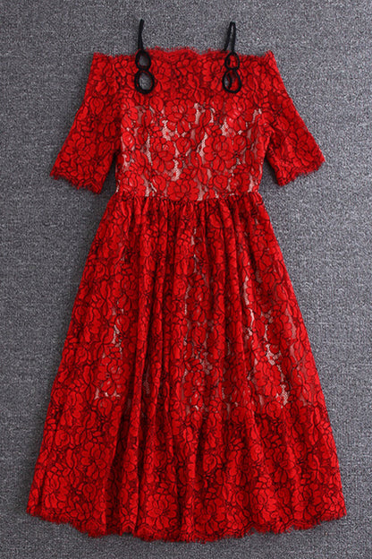One Shoulder Lace Illusion Slim Pleated Spaghetti Dress