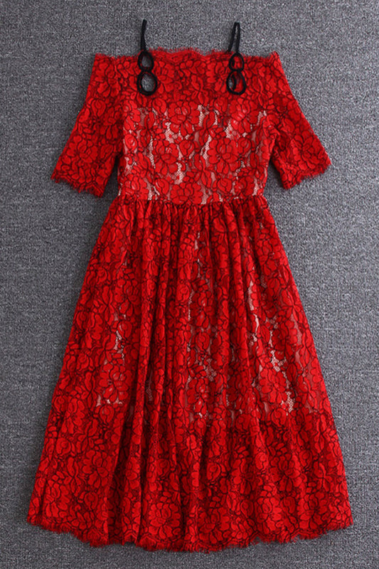 One Shoulder Lace Illusion Slim Pleated Spaghetti Dress