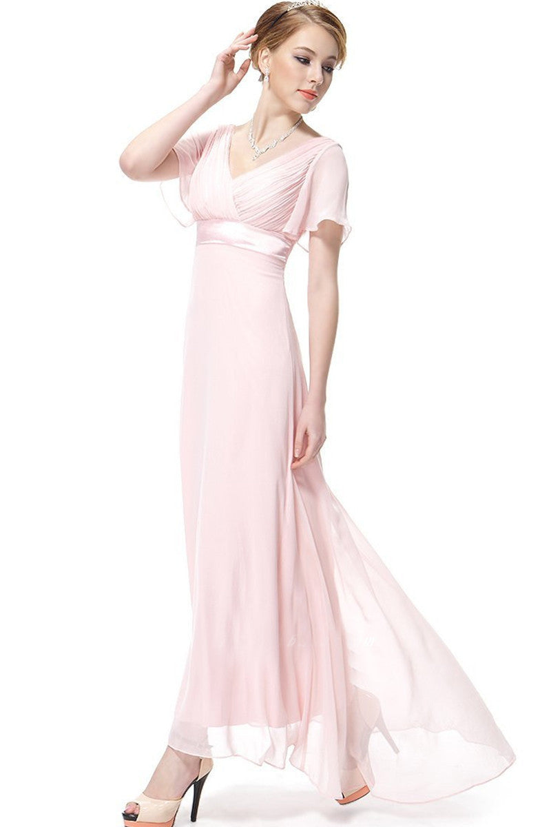 Deep V Neck Empire Waist Flare Mesh Sleeve Backless Dress Gown