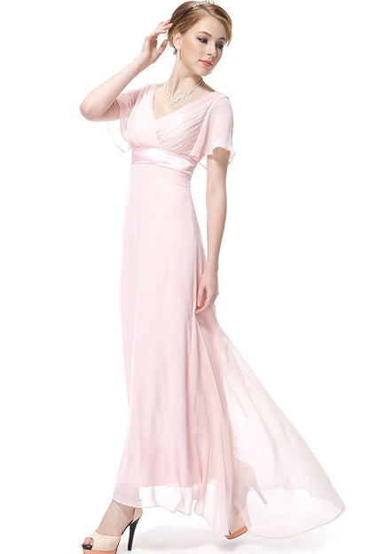 Deep V Neck Empire Waist Flare Mesh Sleeve Backless Dress Gown