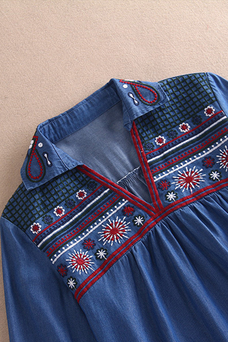 3/4 Sleeve Denim Blouse Emboridered Blouse