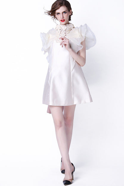 Falbala Trimming Embroidery Cap Sleeve Loose Dress