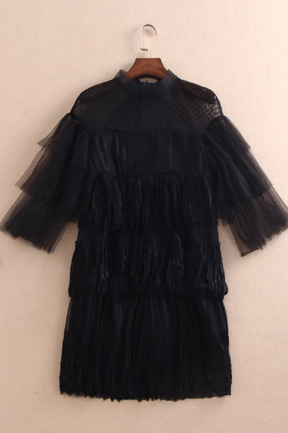 High Neck Shoulder Sheer Mesh Patch Pleat Bridesmaid Dress