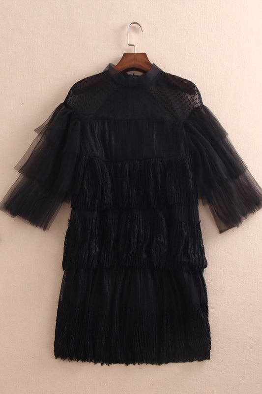 High Neck Shoulder Sheer Mesh Patch Pleat Bridesmaid Dress