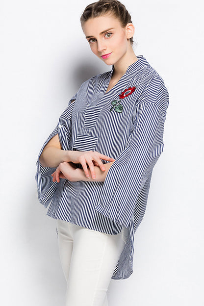 V Neck Stripe Forked Hi-Low Top