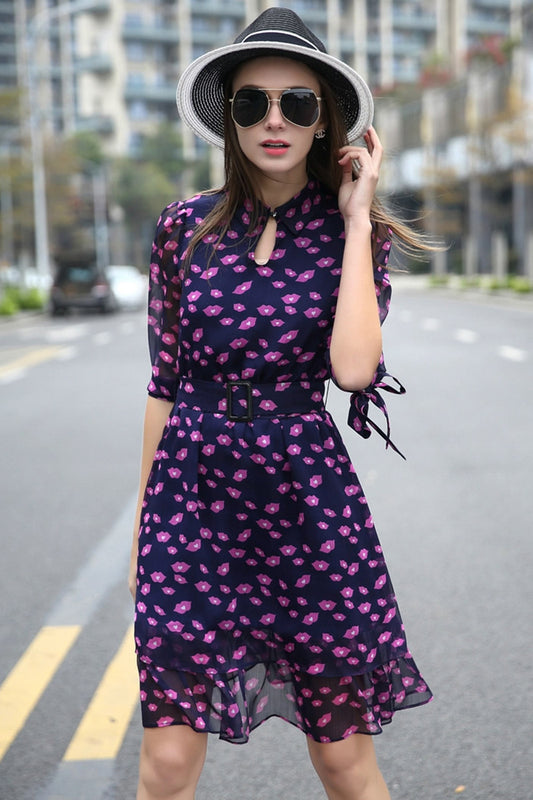 Hollow-Out V Neck Half Sleeve Sheer Casual Dress