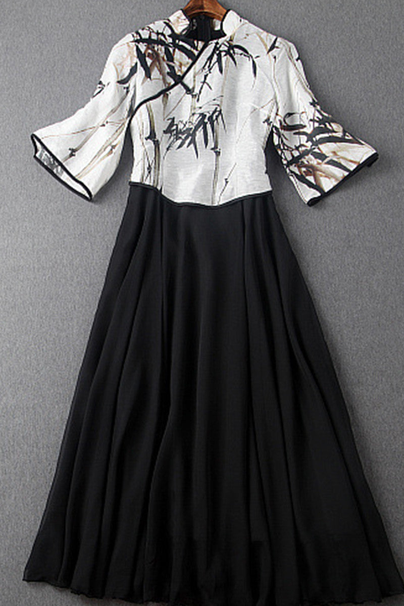 VINTAGE CHINESE STYLE STAND COLLAR HALF SLEEVE WASH PAINTING DRESS