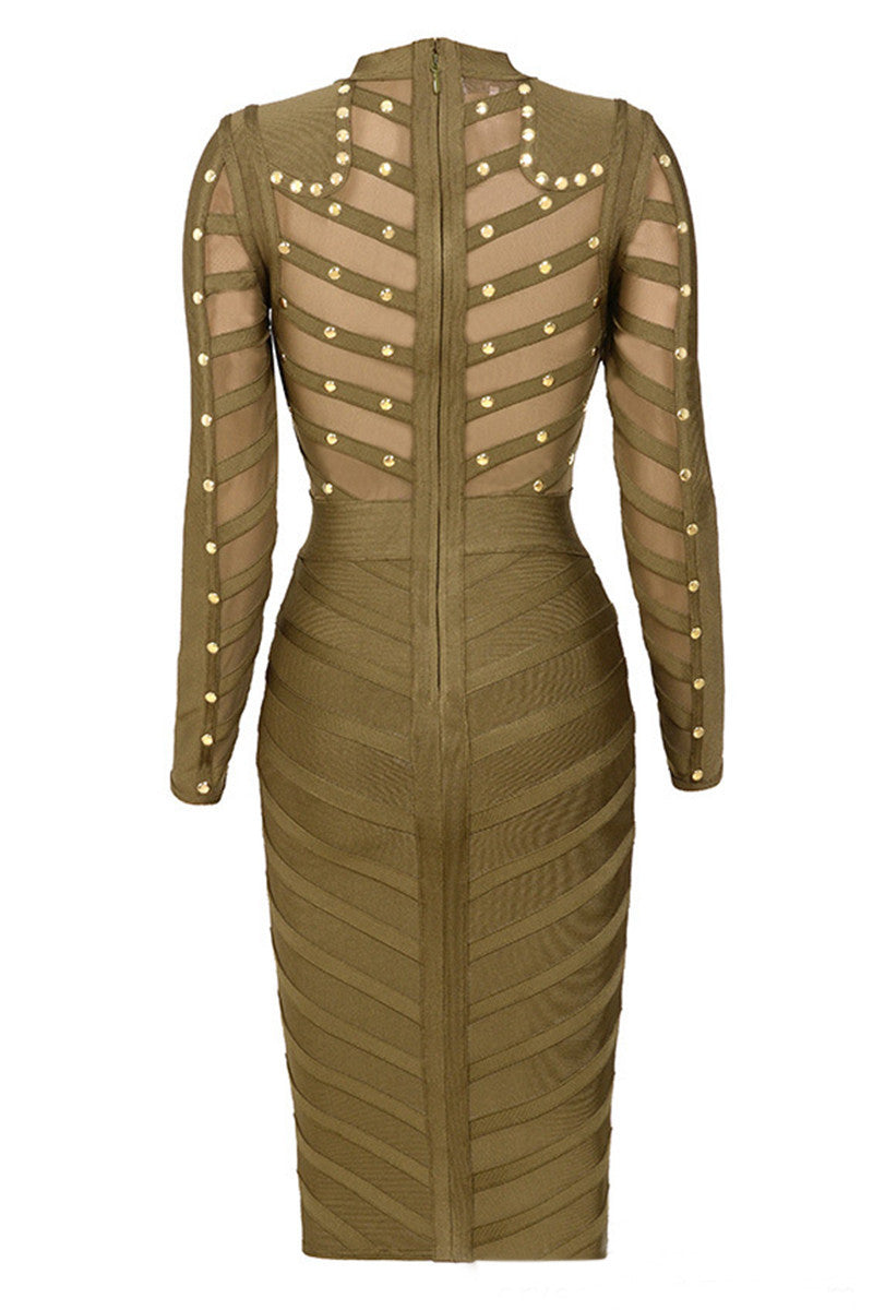 Studed Lace Srtipe Bodycon Long Sleeve Wrap Midi Dress