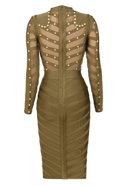 Studed Lace Srtipe Bodycon Long Sleeve Wrap Midi Dress
