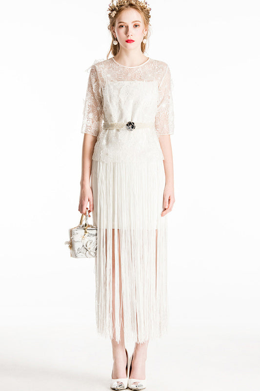 Casual Chiffon Sheer Sleeve Embroidery Tassle's Dress