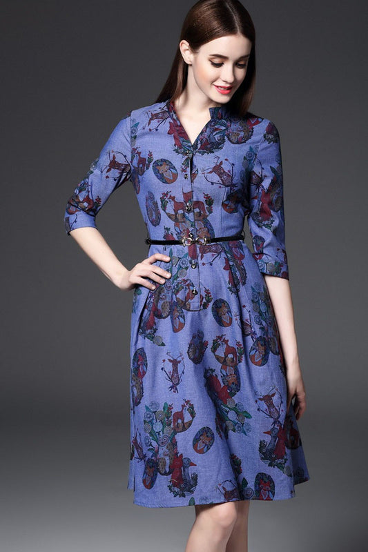 Stand Collar Animals Pattern Slim  Swing Dress With Belt