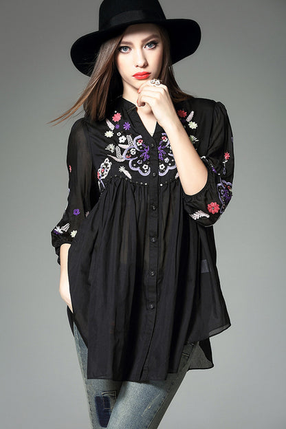 Emboridered With Stud Flared Button Down Shirts