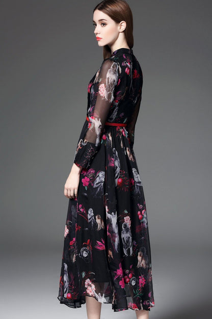 Casual  Chiffon Floral Printed Slim  Long Maxi Dress With Belt