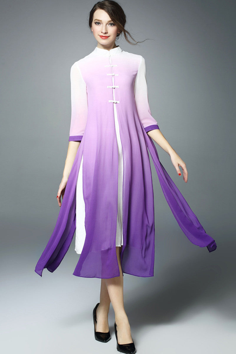 Stand Collar Chi-Pao Buttom Side Slit Midi Dress