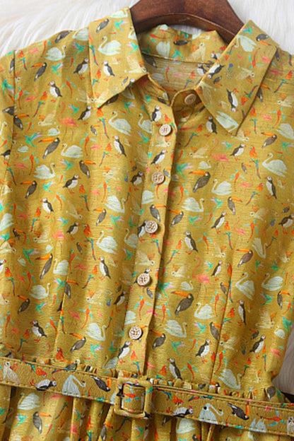 Lapel Neck Birds Print Pleat Dress With Belt