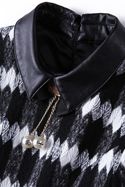 PU Lapel Neck Striped Wavy Print Tunic Dress