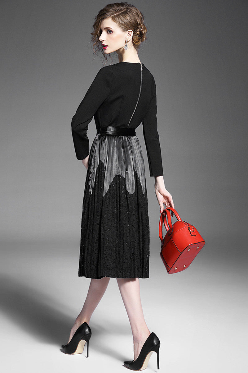 Round Collar Bowknot Belt Lace Patch Pleated Tail Dress - NJOYDRESS - 2